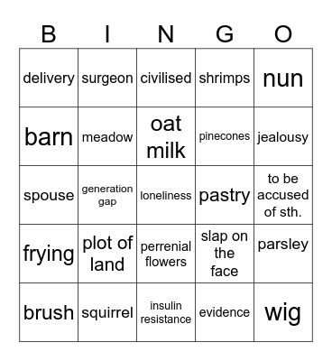 Vocabulary revision Bingo Card