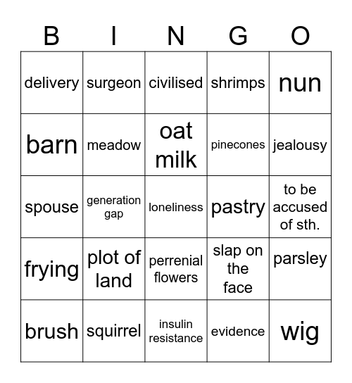 Vocabulary revision Bingo Card