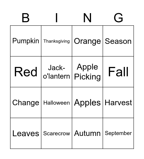 Fall Vocabulary Bingo Card