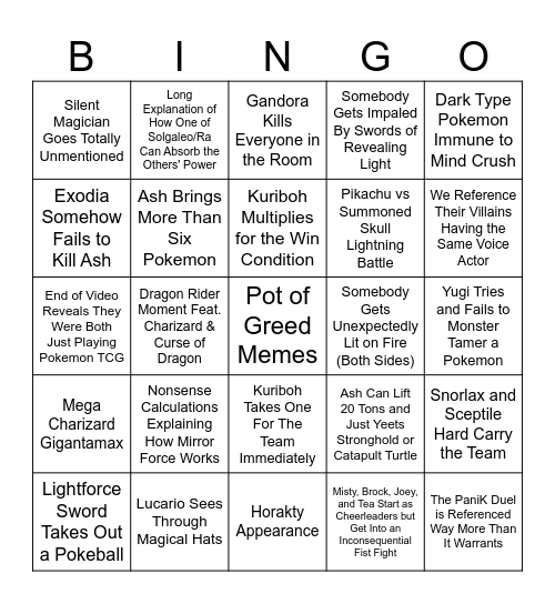 Ash v Yugi Bingo Card