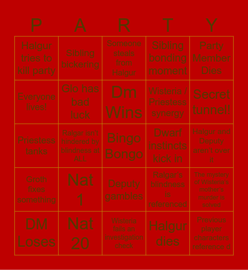 Party Reunion Bingo Card