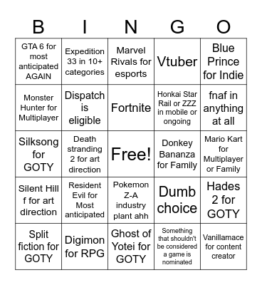 game awards 2025 bingo Card
