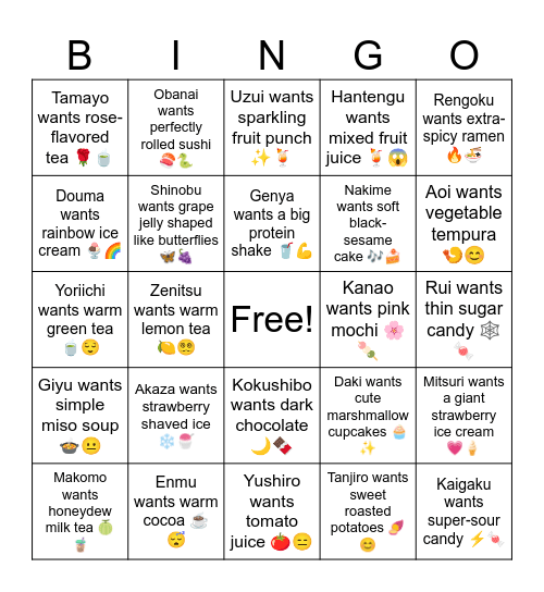 B7 L8 Tanjiro wants sweet roasted potatoes 🍠😊 Bingo Card