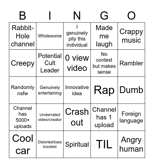 Youtube 0 views Bingo Card