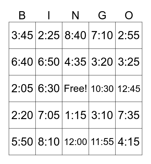 What time do you..? Bingo Card