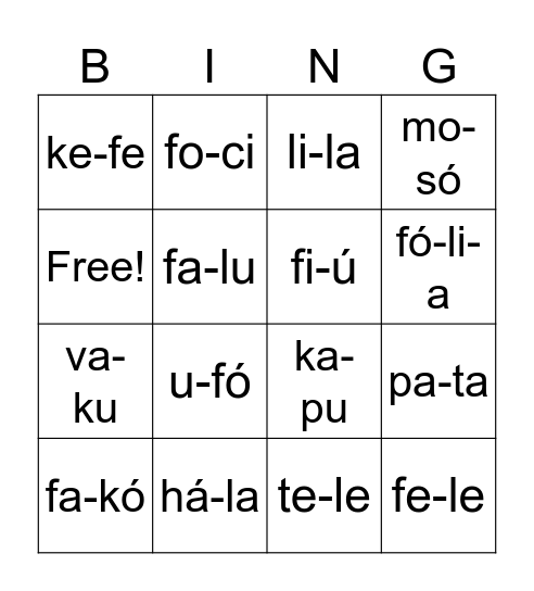 Szótagolt szavak Bingo Card