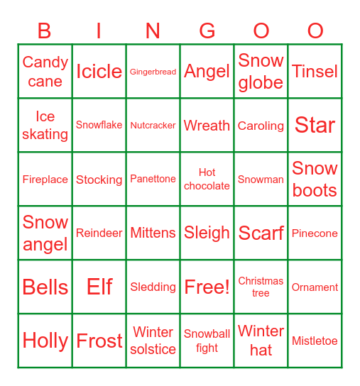 Middle School Winter Bingo Card