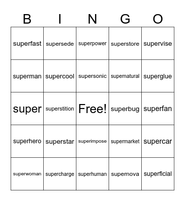 prefix super words Bingo Card