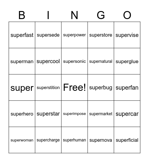 prefix super words Bingo Card