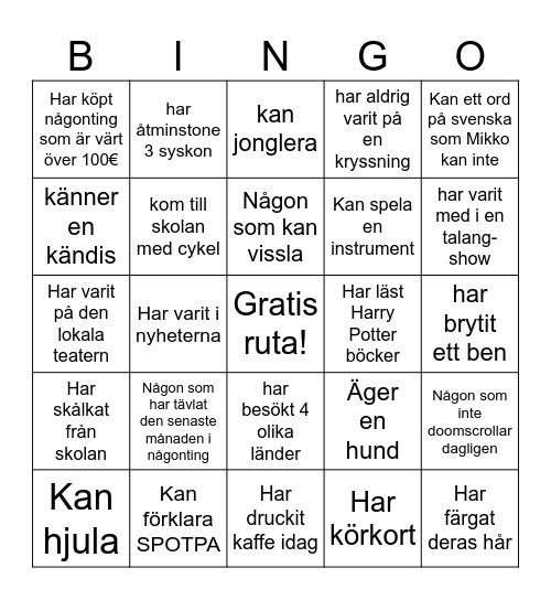 Mingel Bingo Card
