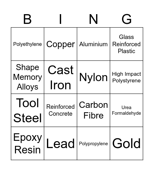 Engineering Materials Bingo Card
