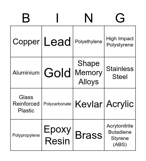 Engineering Materials Bingo Card