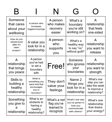 Relationship Bingo Card