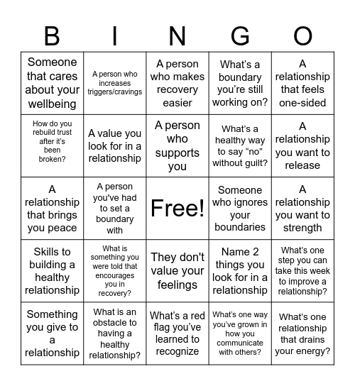 Relationship Bingo Card