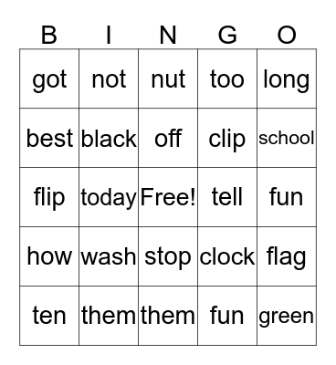 first grade words Bingo Card