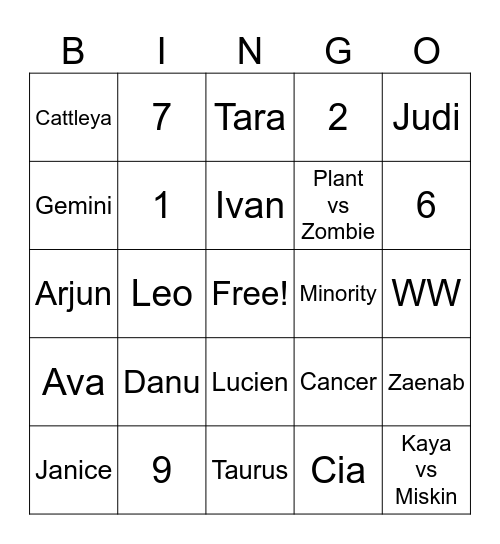 Bingo w/ Tara Bingo Card
