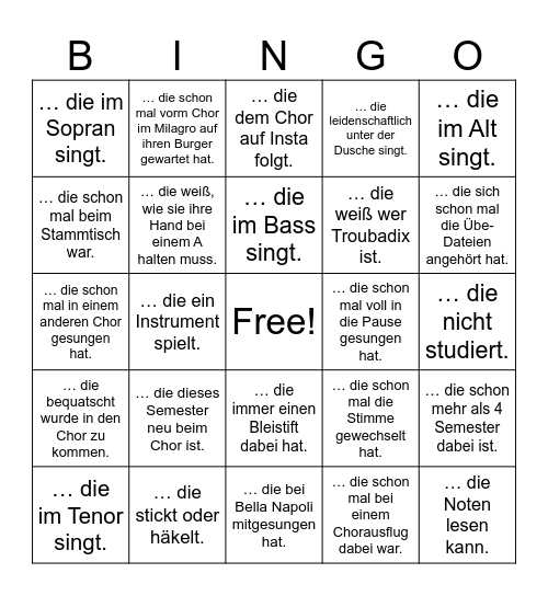 Chor Bingo Card