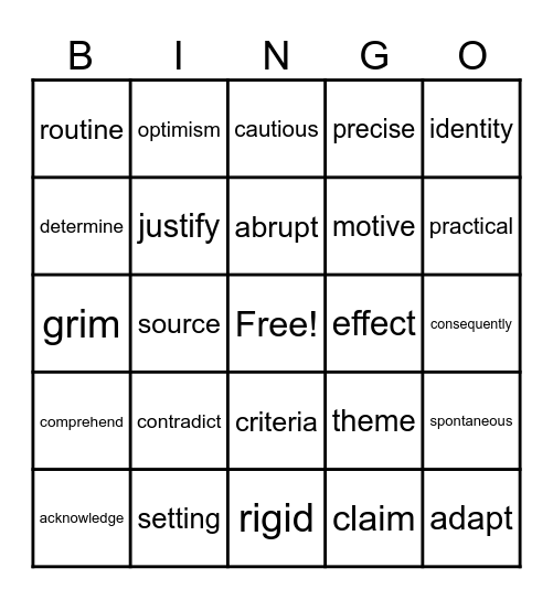VOCABULARY BINGO Card
