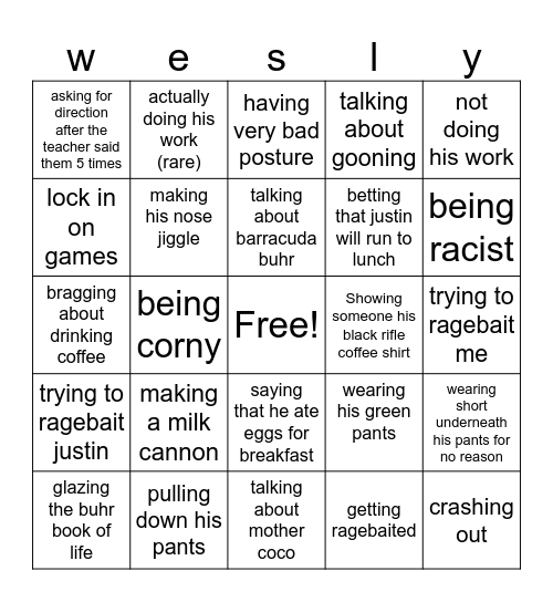 Wesley Bingo Card