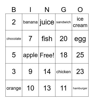 Yummy Foods Bingo Card