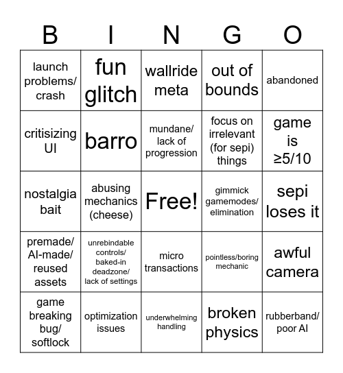 sepi shovelware bingo Card