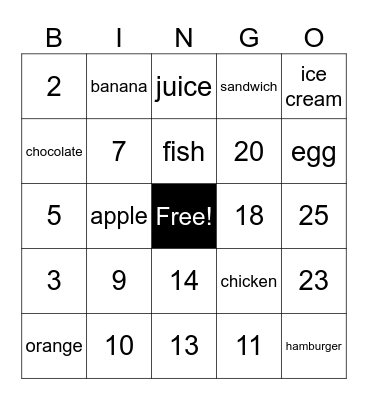 Yummy Foods Bingo Card