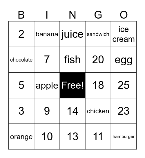 Yummy Foods Bingo Card