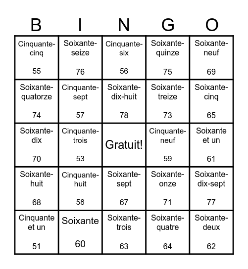 Les numéros 51 à 79 Bingo Card
