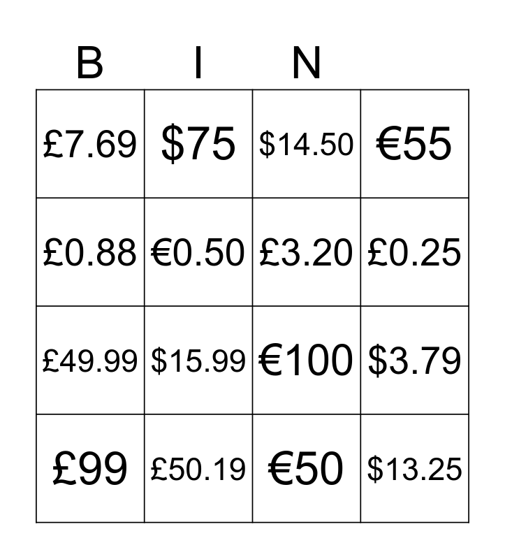 A bingo card with various prices listed