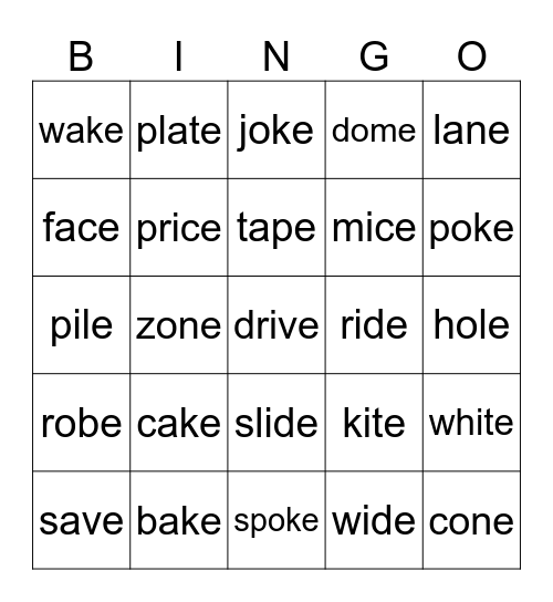 VCVe Long A, I, and O Bingo Card