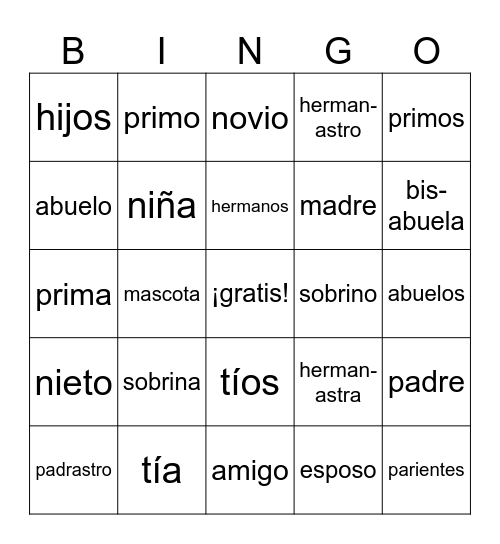 La familia en español Bingo Card
