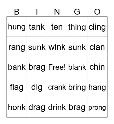 Level E-Final consonants g/n/ng.nk Bingo Card