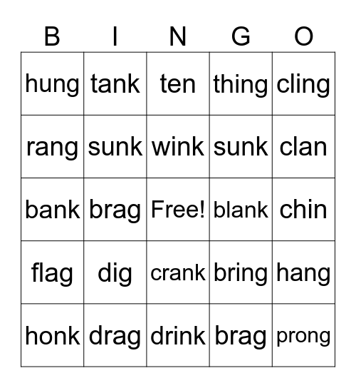 Level E-Final consonants g/n/ng.nk Bingo Card