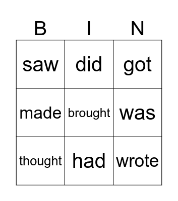 Past Simple Irregular Verbs Bingo Card