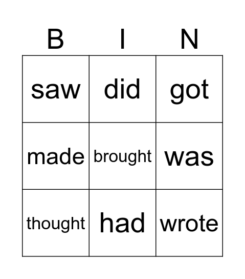 Past Simple Irregular Verbs Bingo Card