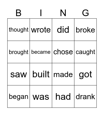 Past Simple Irregular Verbs Bingo Card