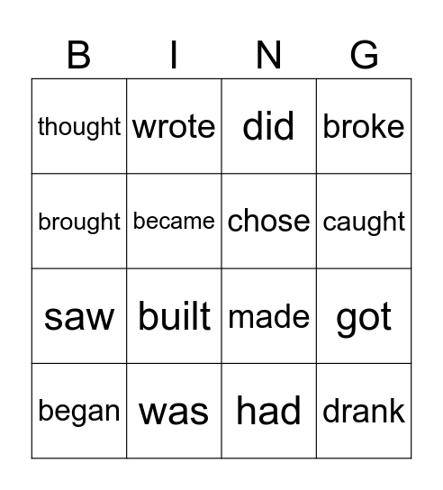 Past Simple Irregular Verbs Bingo Card