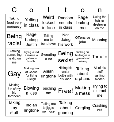 Colton Bingo Card