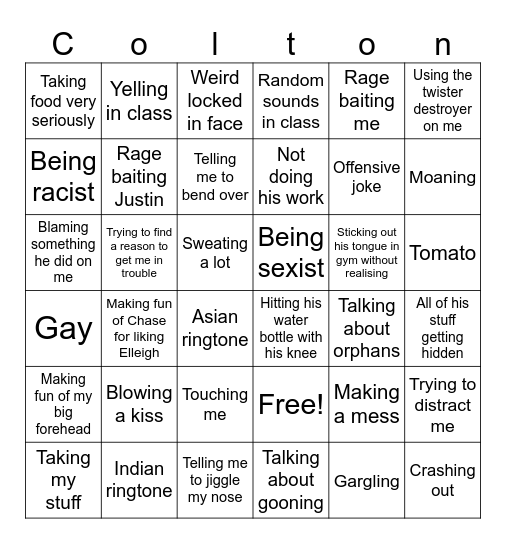 Colton Bingo Card