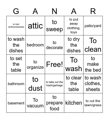 Los Quehaceres y Cuartos de casa (SPA-->ENG) Bingo Card