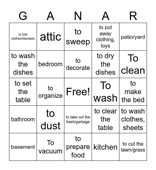 Los Quehaceres y Cuartos de casa (SPA-->ENG) Bingo Card