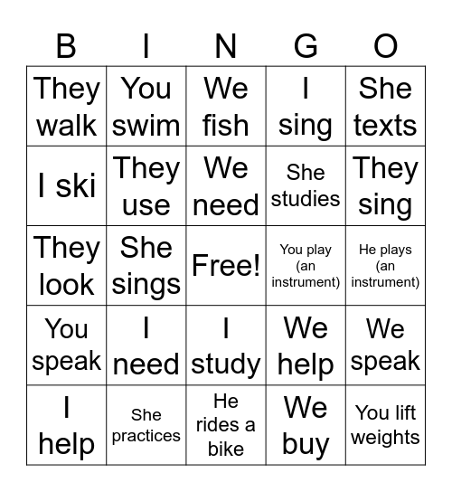 Los Verbos Regulares -ar Bingo Card