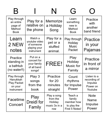 Thanksgiving Break Band Bingo Card