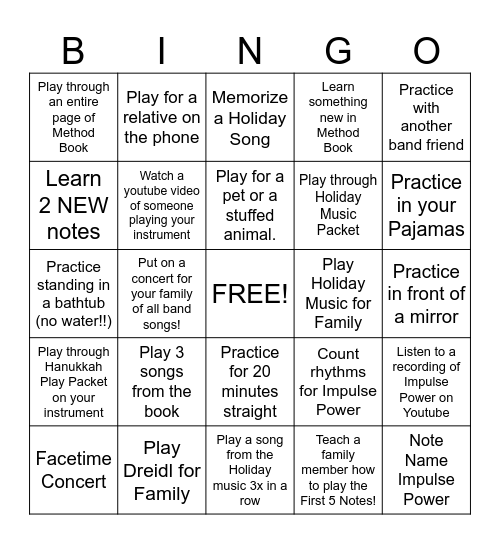 Thanksgiving Break Band Bingo Card