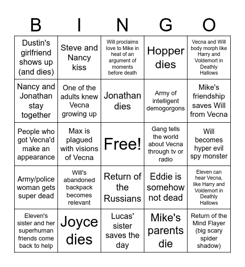Stranger Things Season 5 Bingo Card