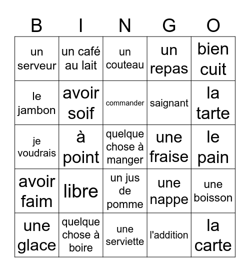 Au restaurant Bingo Card