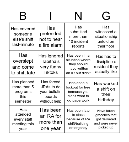 RA Bingo Card