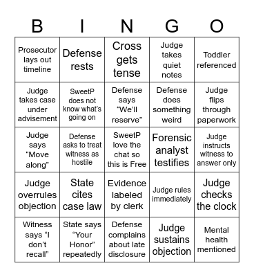 Neighborhood Murder Trial Bingo Card