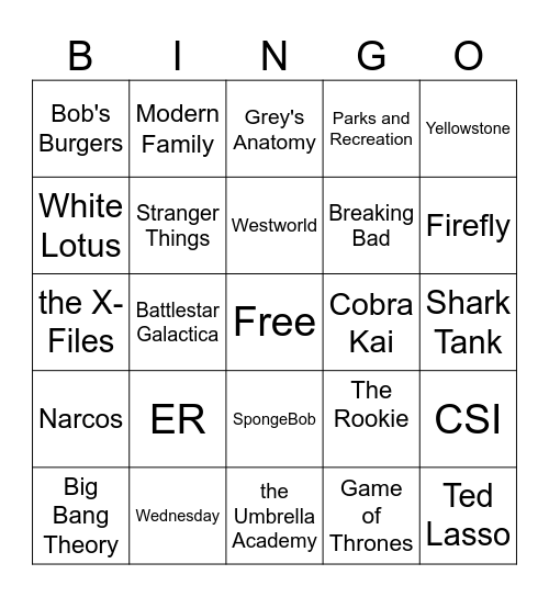 TV Shows Bingo Card