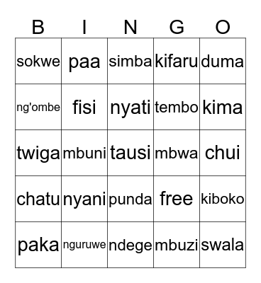 Swahili Animal BINGO Card